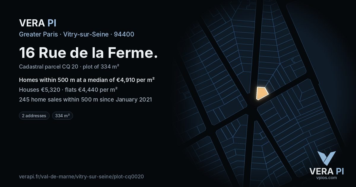 16 Rue de la Ferme, Vitry-sur-Seine at night – the plot lit, the parcels around coloured by the prices near them