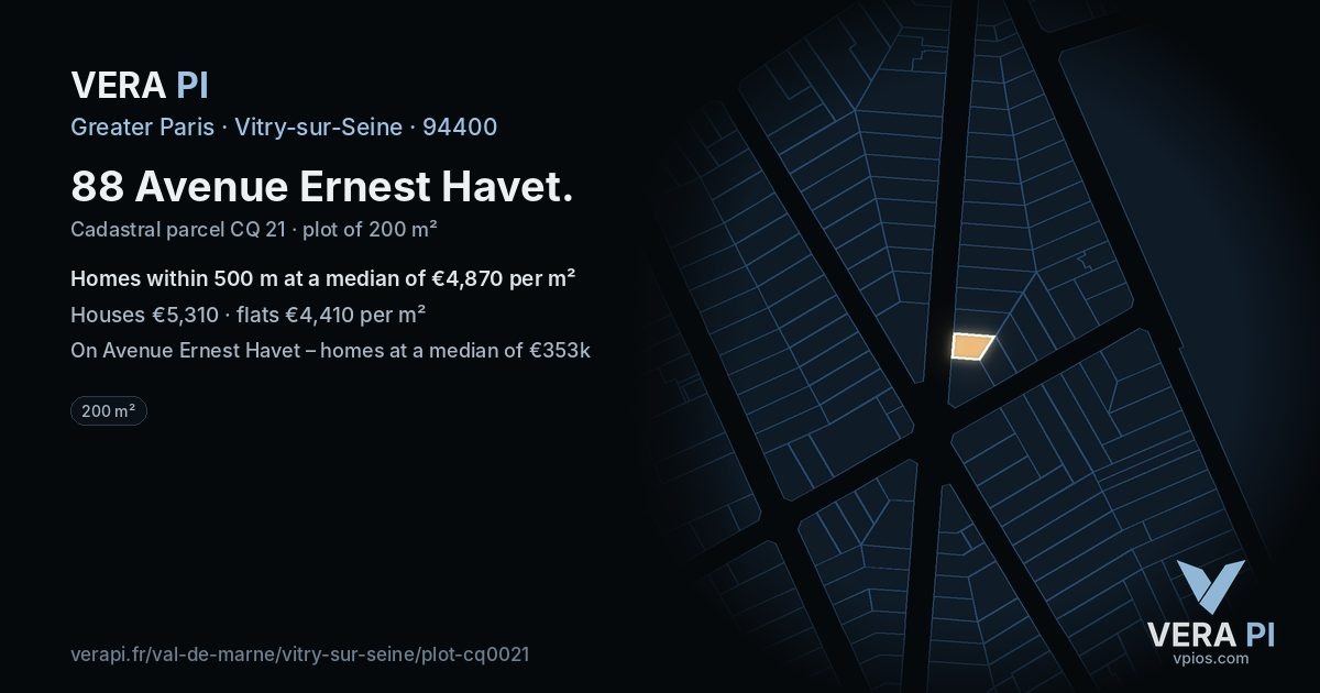 88 Avenue Ernest Havet, Vitry-sur-Seine at night – the plot lit, the parcels around coloured by the prices near them