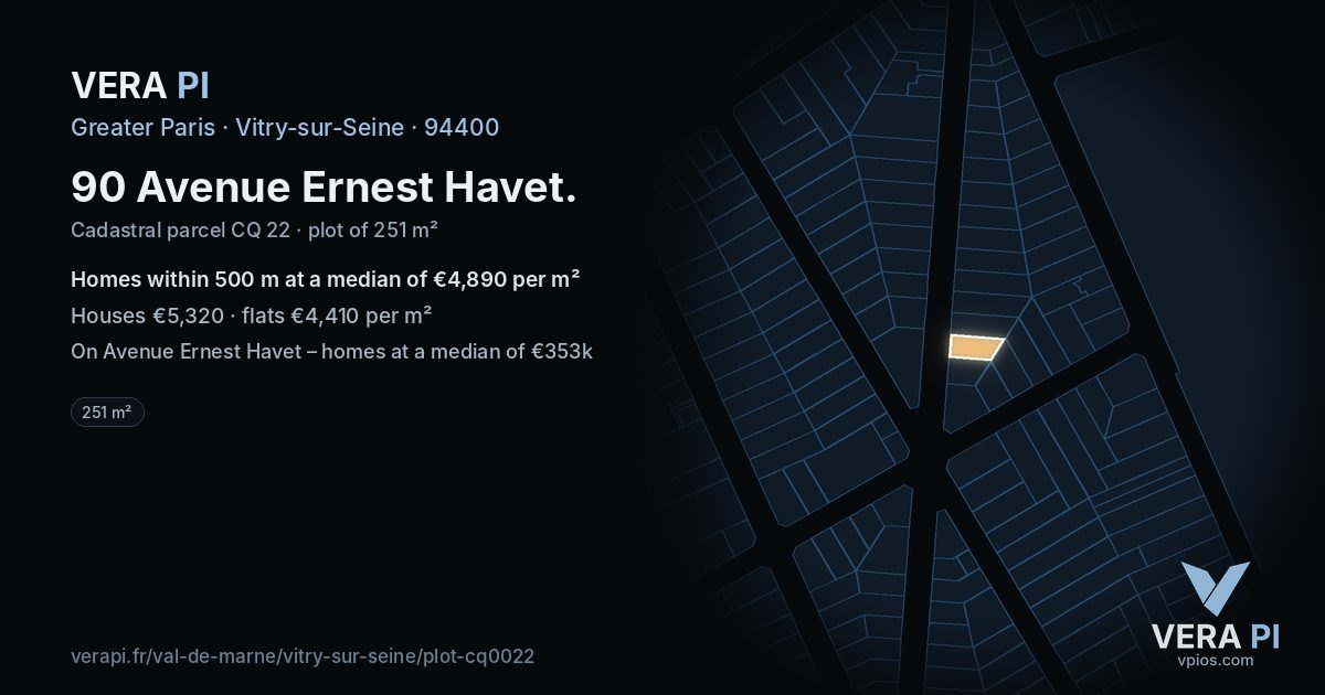 90 Avenue Ernest Havet, Vitry-sur-Seine at night – the plot lit, the parcels around coloured by the prices near them