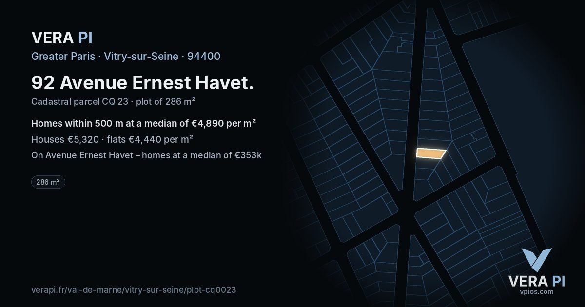 92 Avenue Ernest Havet, Vitry-sur-Seine at night – the plot lit, the parcels around coloured by the prices near them