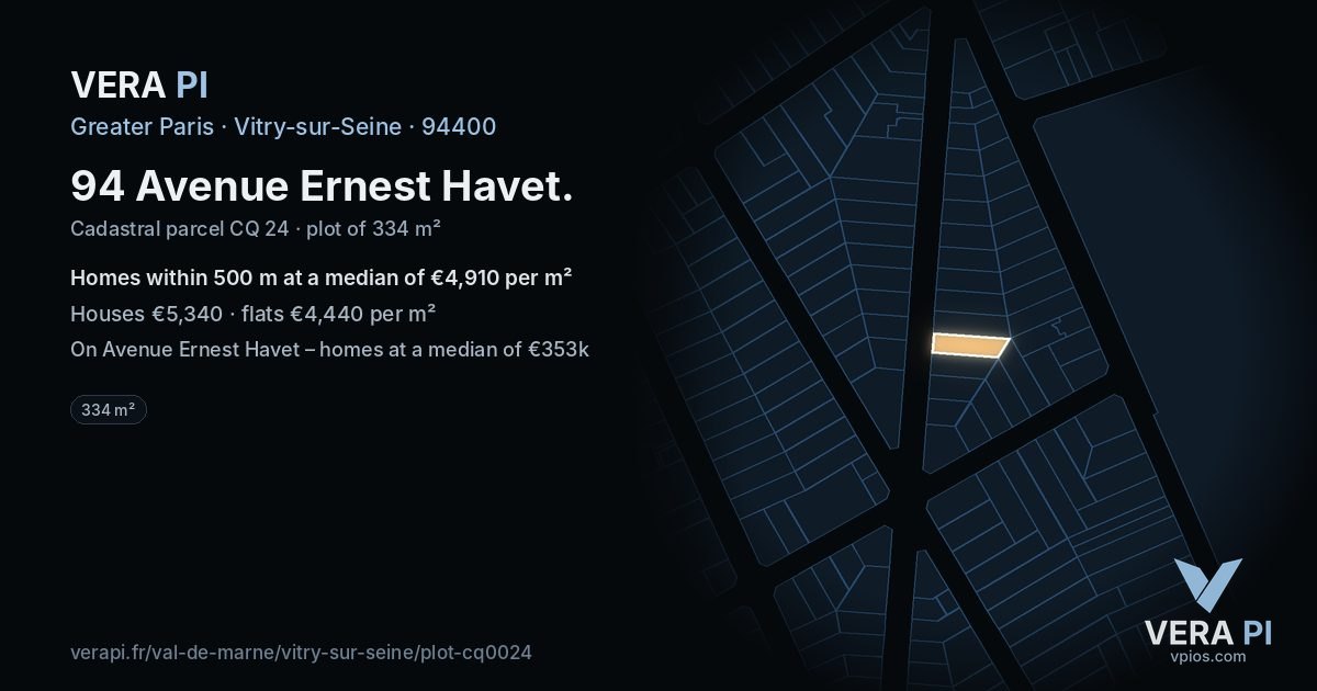 94 Avenue Ernest Havet, Vitry-sur-Seine at night – the plot lit, the parcels around coloured by the prices near them