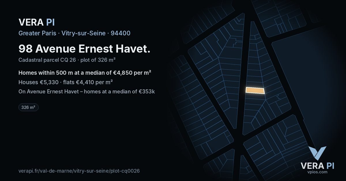 98 Avenue Ernest Havet, Vitry-sur-Seine at night – the plot lit, the parcels around coloured by the prices near them