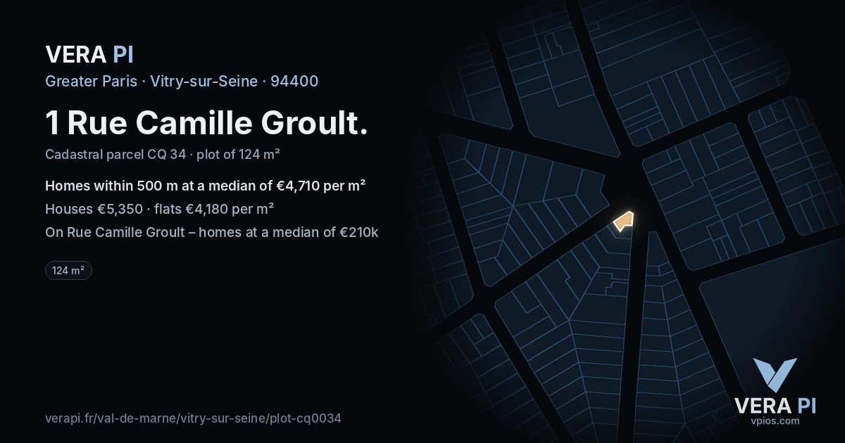 1 Rue Camille Groult, Vitry-sur-Seine at night – the plot lit, the parcels around coloured by the prices near them