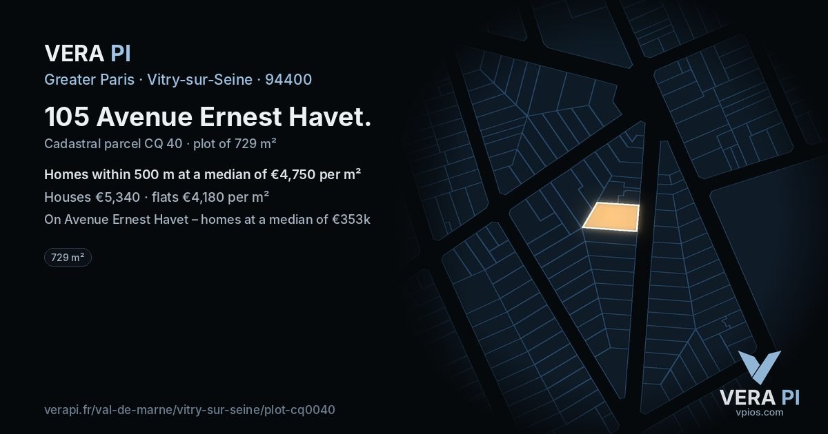 105 Avenue Ernest Havet, Vitry-sur-Seine at night – the plot lit, the parcels around coloured by the prices near them
