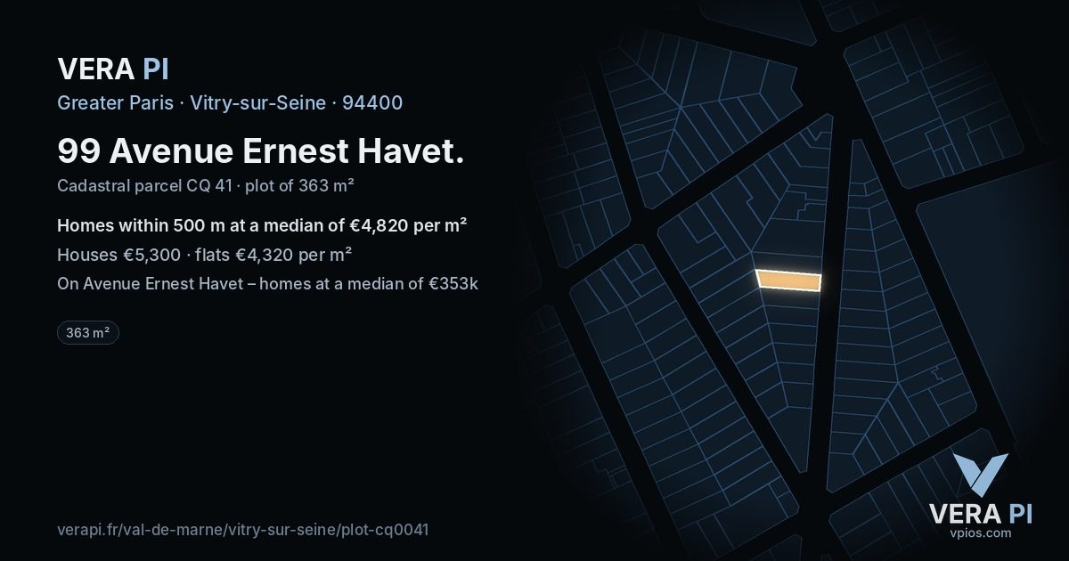 99 Avenue Ernest Havet, Vitry-sur-Seine at night – the plot lit, the parcels around coloured by the prices near them