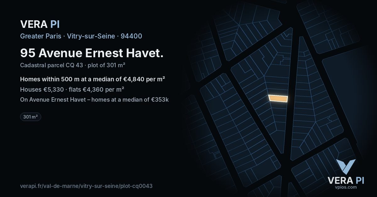 95 Avenue Ernest Havet, Vitry-sur-Seine at night – the plot lit, the parcels around coloured by the prices near them