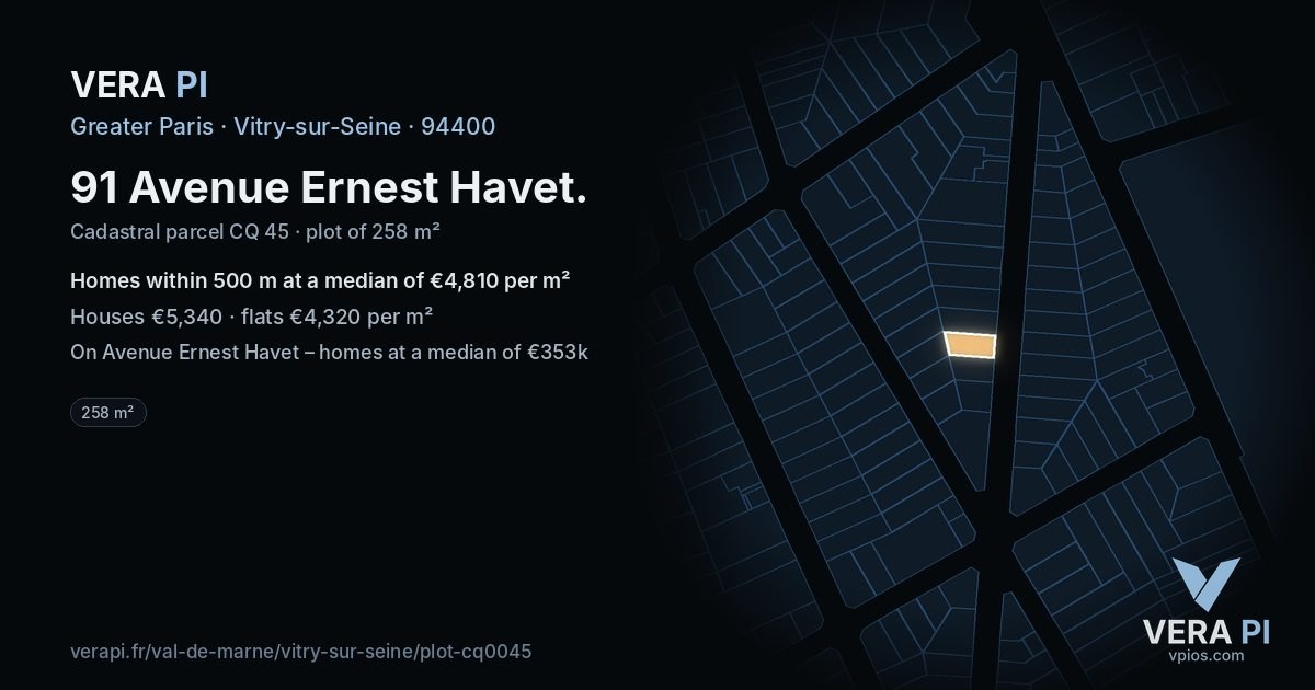 91 Avenue Ernest Havet, Vitry-sur-Seine at night – the plot lit, the parcels around coloured by the prices near them