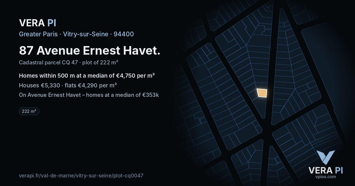 87 Avenue Ernest Havet, Vitry-sur-Seine at night – the plot lit, the parcels around coloured by the prices near them