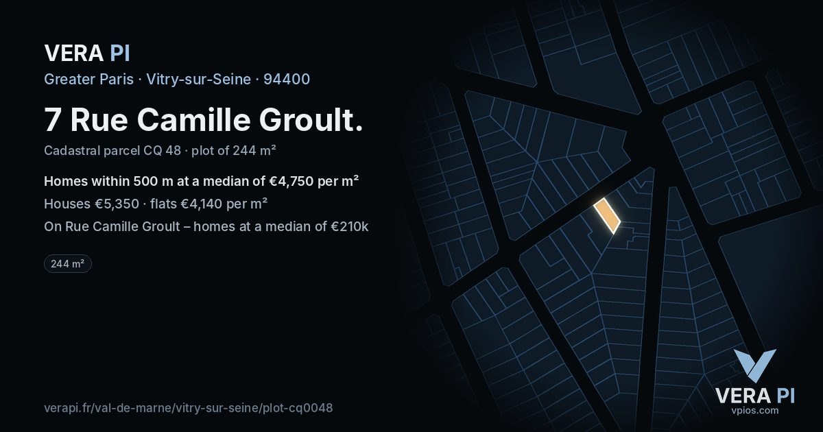 7 Rue Camille Groult, Vitry-sur-Seine at night – the plot lit, the parcels around coloured by the prices near them