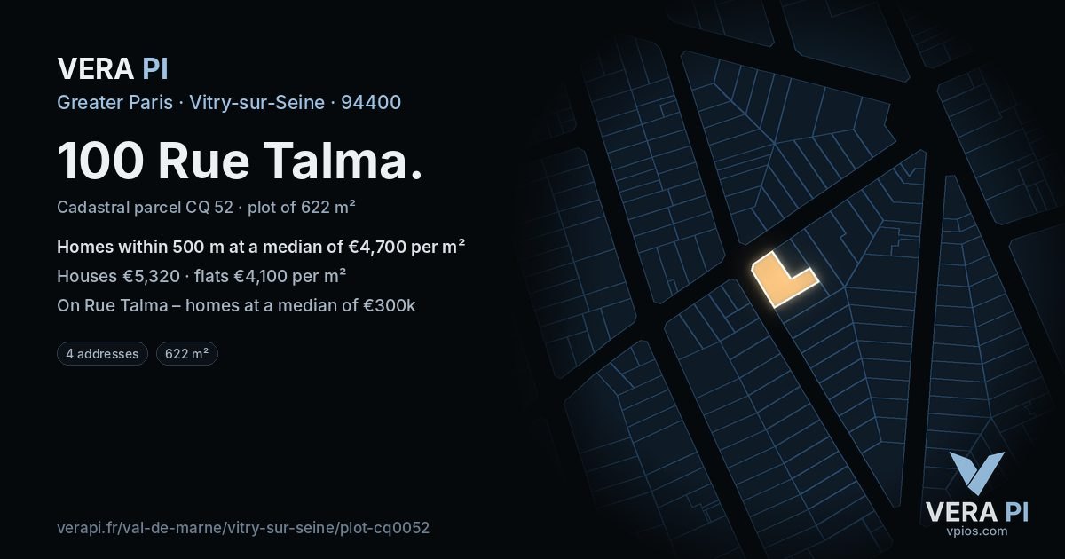 100 Rue Talma, Vitry-sur-Seine at night – the plot lit, the parcels around coloured by the prices near them