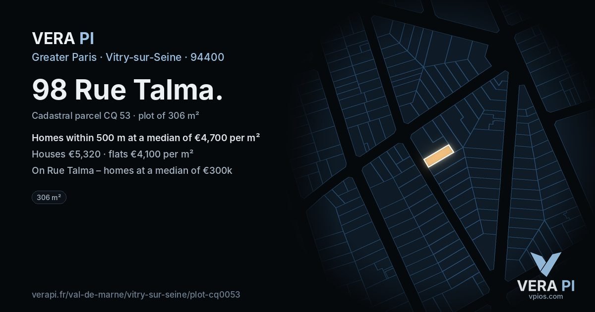 98 Rue Talma, Vitry-sur-Seine at night – the plot lit, the parcels around coloured by the prices near them