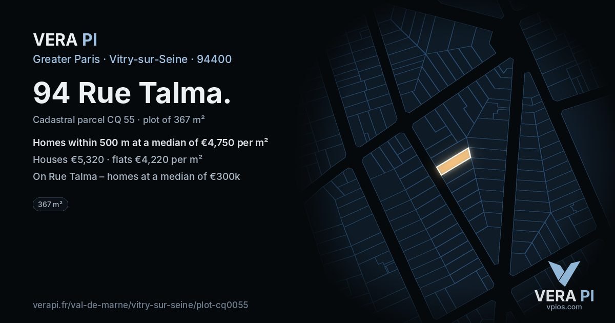 94 Rue Talma, Vitry-sur-Seine at night – the plot lit, the parcels around coloured by the prices near them