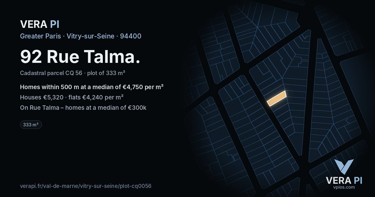 92 Rue Talma, Vitry-sur-Seine at night – the plot lit, the parcels around coloured by the prices near them