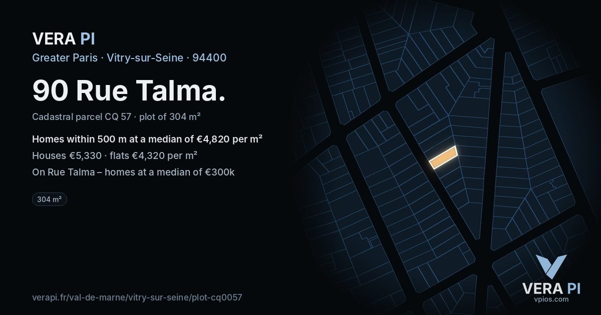 90 Rue Talma, Vitry-sur-Seine at night – the plot lit, the parcels around coloured by the prices near them