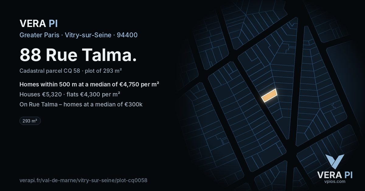 88 Rue Talma, Vitry-sur-Seine at night – the plot lit, the parcels around coloured by the prices near them