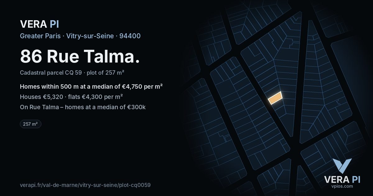 86 Rue Talma, Vitry-sur-Seine at night – the plot lit, the parcels around coloured by the prices near them
