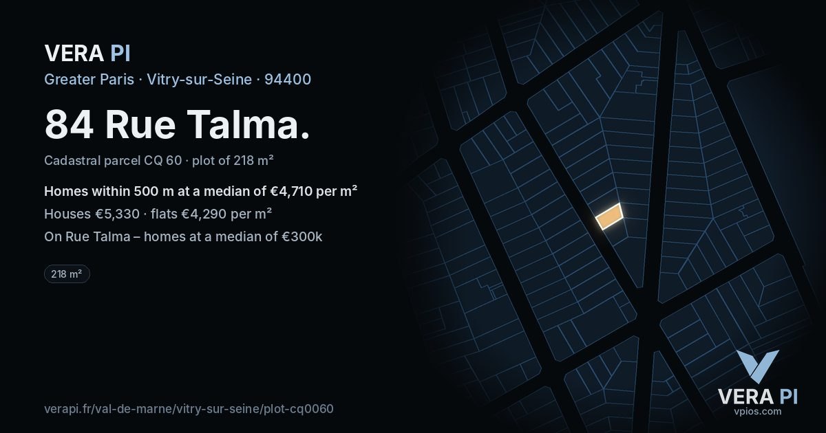 84 Rue Talma, Vitry-sur-Seine at night – the plot lit, the parcels around coloured by the prices near them