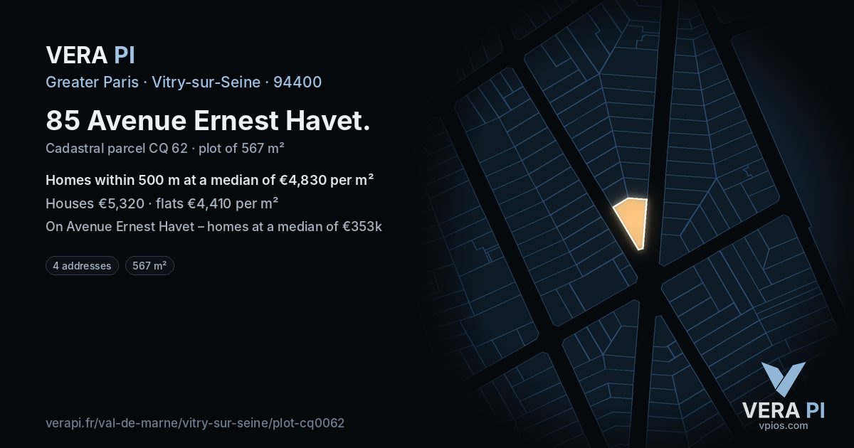 85 Avenue Ernest Havet, Vitry-sur-Seine at night – the plot lit, the parcels around coloured by the prices near them
