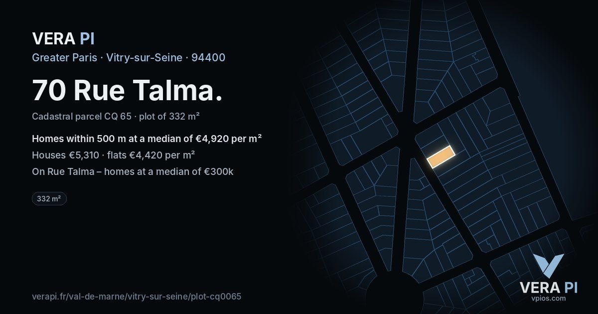 70 Rue Talma, Vitry-sur-Seine at night – the plot lit, the parcels around coloured by the prices near them
