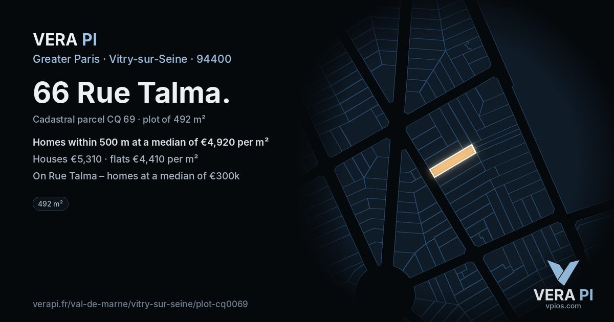 66 Rue Talma, Vitry-sur-Seine at night – the plot lit, the parcels around coloured by the prices near them