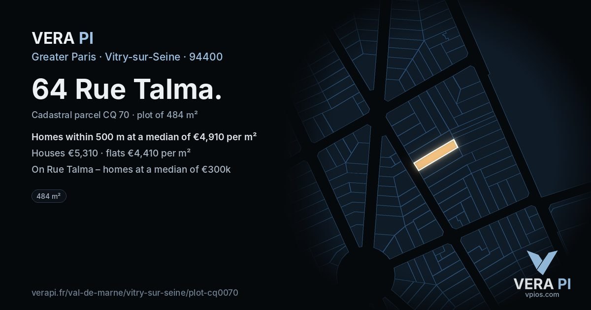 64 Rue Talma, Vitry-sur-Seine at night – the plot lit, the parcels around coloured by the prices near them
