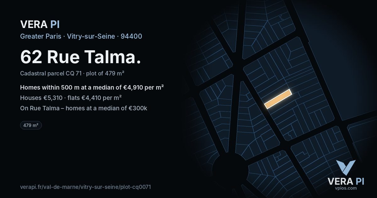 62 Rue Talma, Vitry-sur-Seine at night – the plot lit, the parcels around coloured by the prices near them