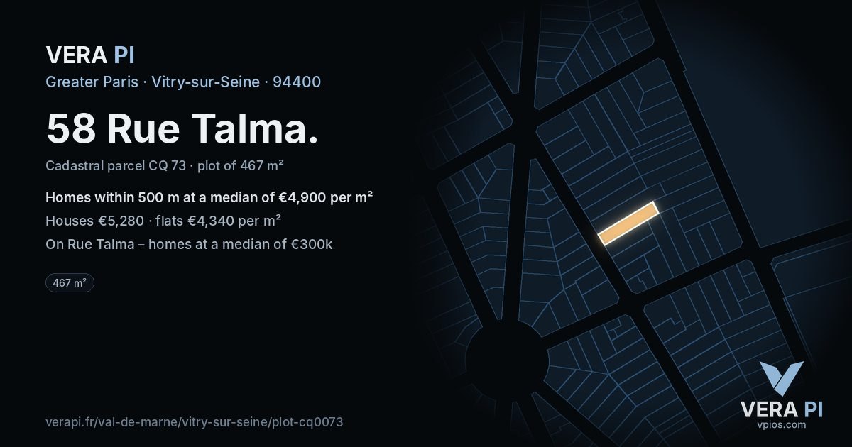 58 Rue Talma, Vitry-sur-Seine at night – the plot lit, the parcels around coloured by the prices near them