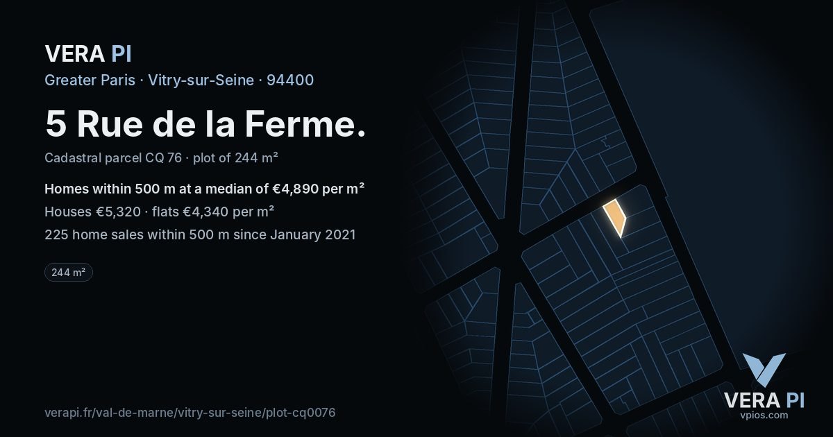 5 Rue de la Ferme, Vitry-sur-Seine at night – the plot lit, the parcels around coloured by the prices near them