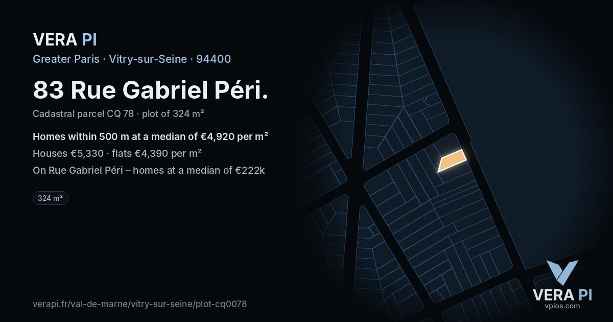 83 Rue Gabriel Péri, Vitry-sur-Seine at night – the plot lit, the parcels around coloured by the prices near them