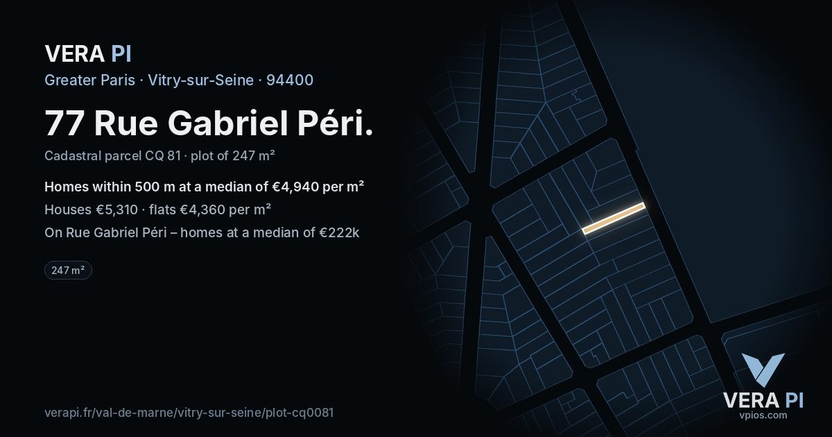 77 Rue Gabriel Péri, Vitry-sur-Seine at night – the plot lit, the parcels around coloured by the prices near them