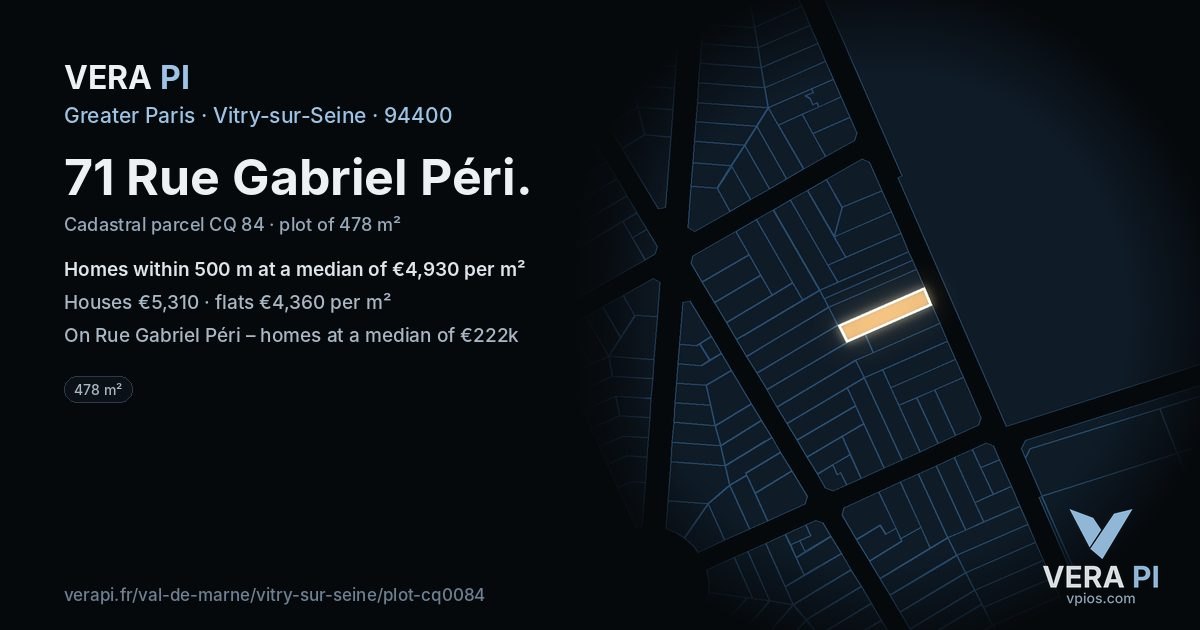 71 Rue Gabriel Péri, Vitry-sur-Seine at night – the plot lit, the parcels around coloured by the prices near them