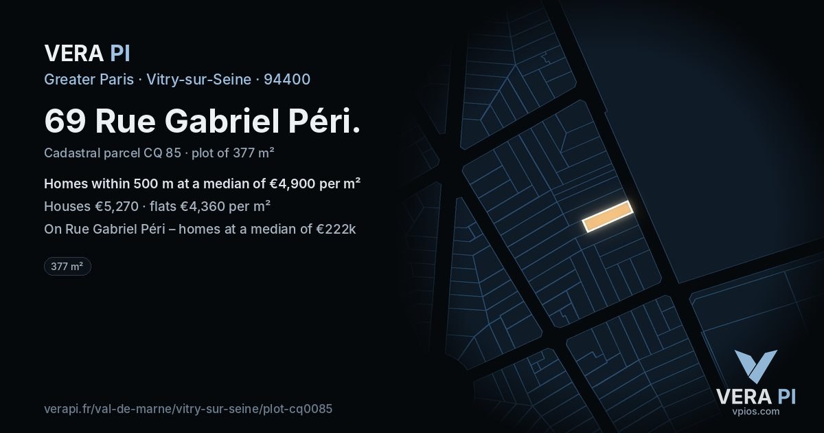 69 Rue Gabriel Péri, Vitry-sur-Seine at night – the plot lit, the parcels around coloured by the prices near them