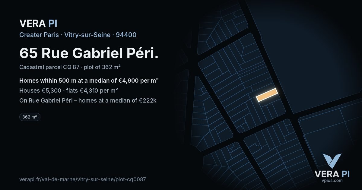 65 Rue Gabriel Péri, Vitry-sur-Seine at night – the plot lit, the parcels around coloured by the prices near them