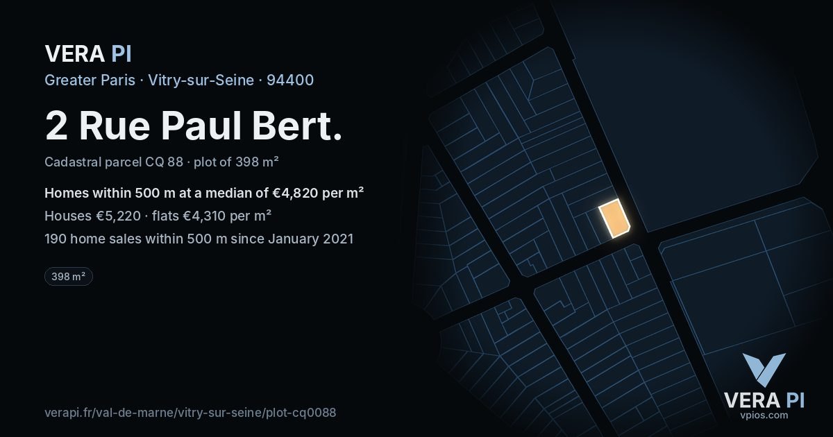 2 Rue Paul Bert, Vitry-sur-Seine at night – the plot lit, the parcels around coloured by the prices near them