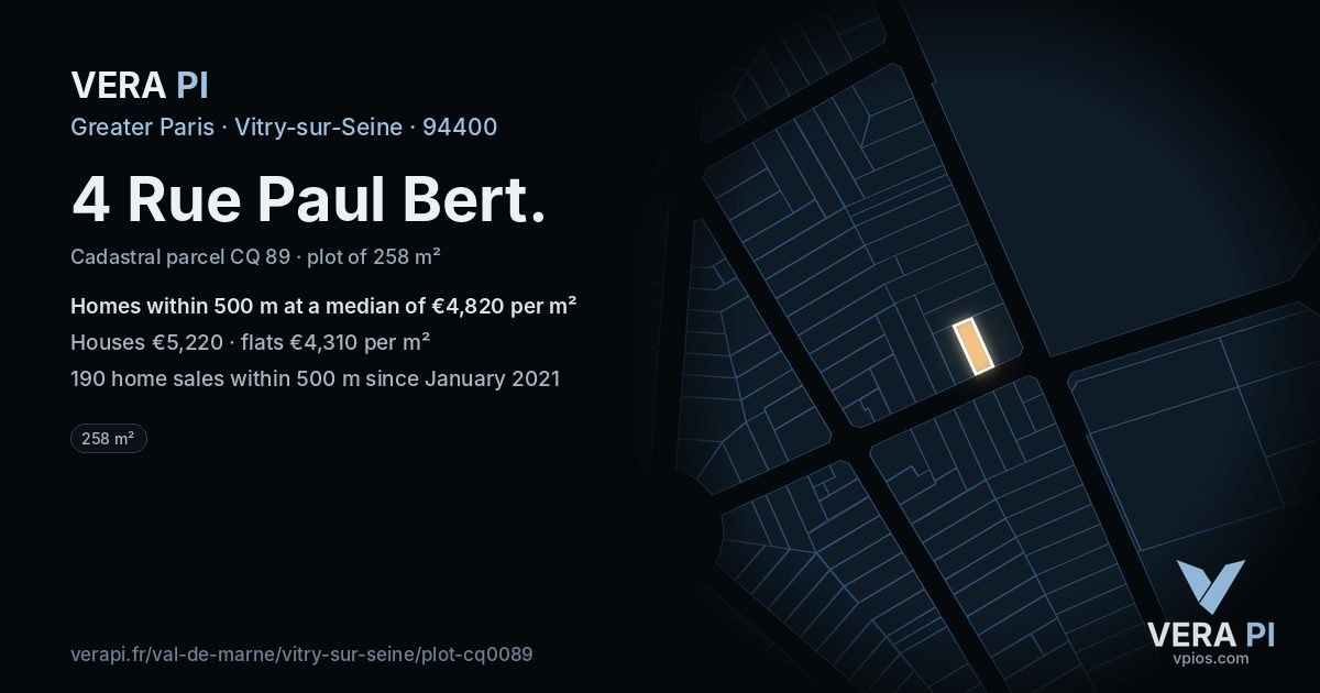4 Rue Paul Bert, Vitry-sur-Seine at night – the plot lit, the parcels around coloured by the prices near them