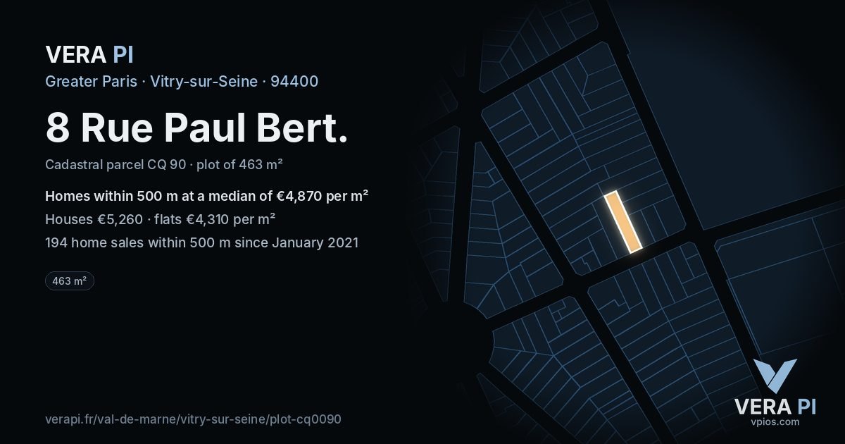 8 Rue Paul Bert, Vitry-sur-Seine at night – the plot lit, the parcels around coloured by the prices near them