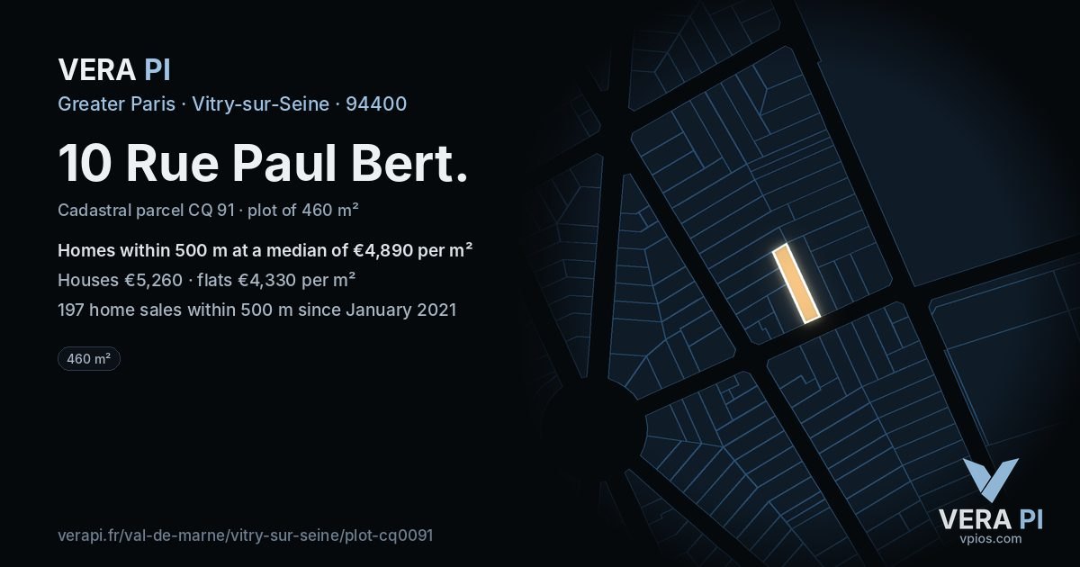 10 Rue Paul Bert, Vitry-sur-Seine at night – the plot lit, the parcels around coloured by the prices near them