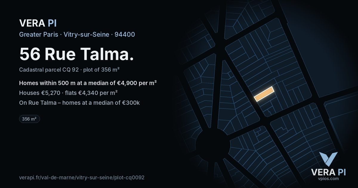 56 Rue Talma, Vitry-sur-Seine at night – the plot lit, the parcels around coloured by the prices near them