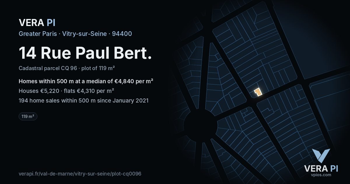 14 Rue Paul Bert, Vitry-sur-Seine at night – the plot lit, the parcels around coloured by the prices near them