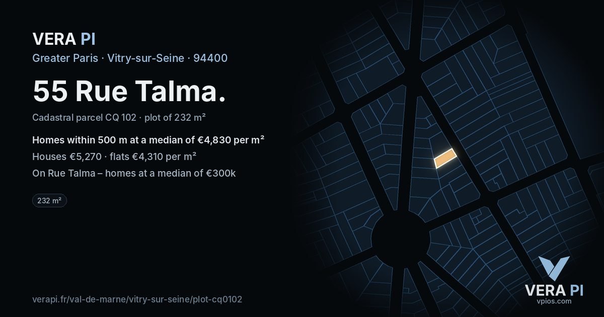 55 Rue Talma, Vitry-sur-Seine at night – the plot lit, the parcels around coloured by the prices near them