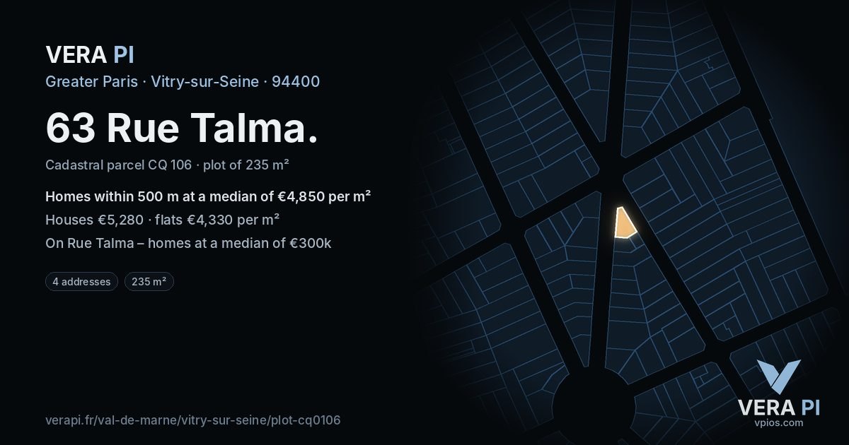 63 Rue Talma, Vitry-sur-Seine at night – the plot lit, the parcels around coloured by the prices near them