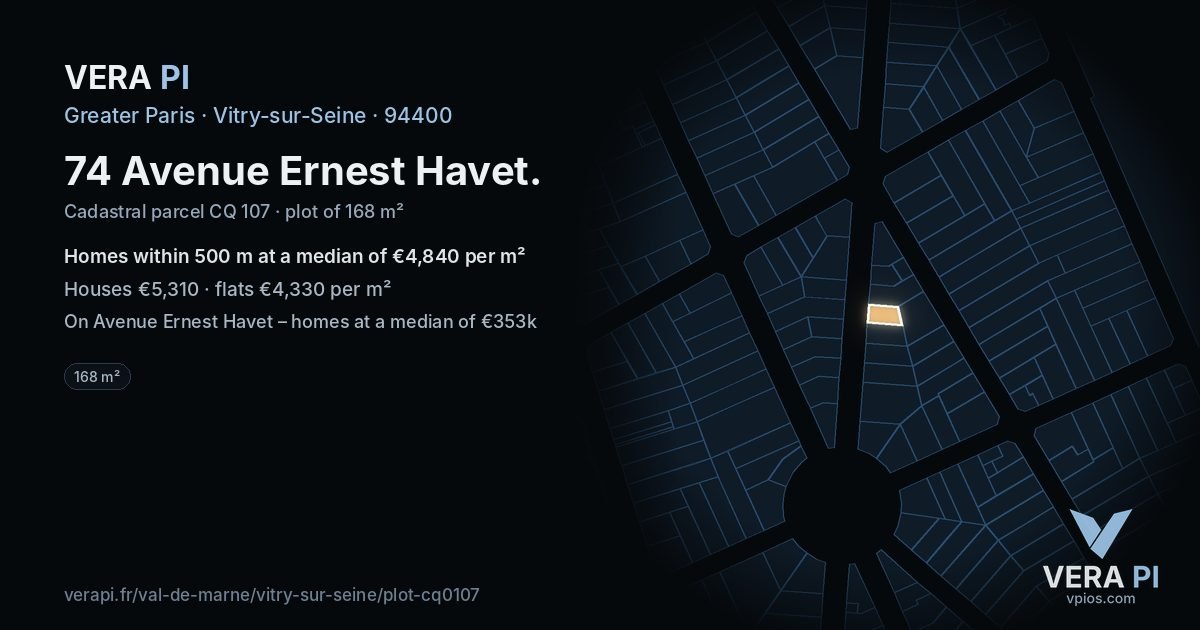 74 Avenue Ernest Havet, Vitry-sur-Seine at night – the plot lit, the parcels around coloured by the prices near them