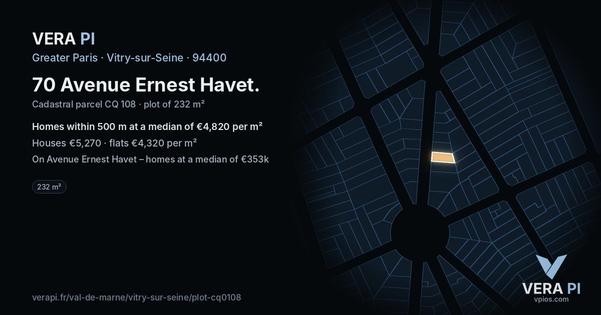 70 Avenue Ernest Havet, Vitry-sur-Seine at night – the plot lit, the parcels around coloured by the prices near them