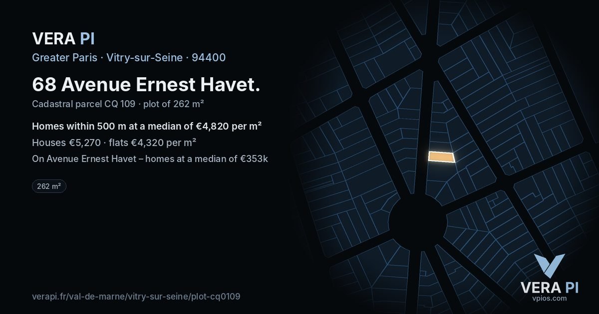 68 Avenue Ernest Havet, Vitry-sur-Seine at night – the plot lit, the parcels around coloured by the prices near them