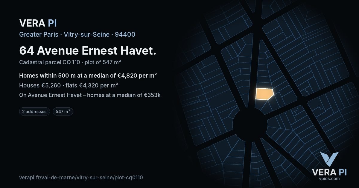 64 Avenue Ernest Havet, Vitry-sur-Seine at night – the plot lit, the parcels around coloured by the prices near them