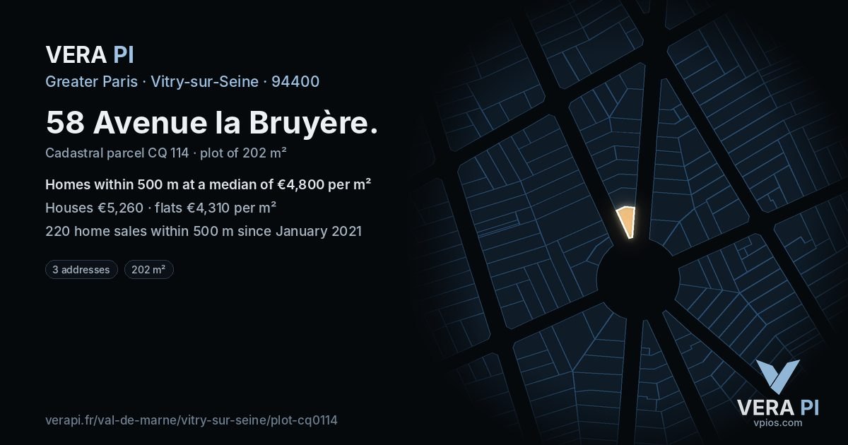 58 Avenue la Bruyère, Vitry-sur-Seine at night – the plot lit, the parcels around coloured by the prices near them
