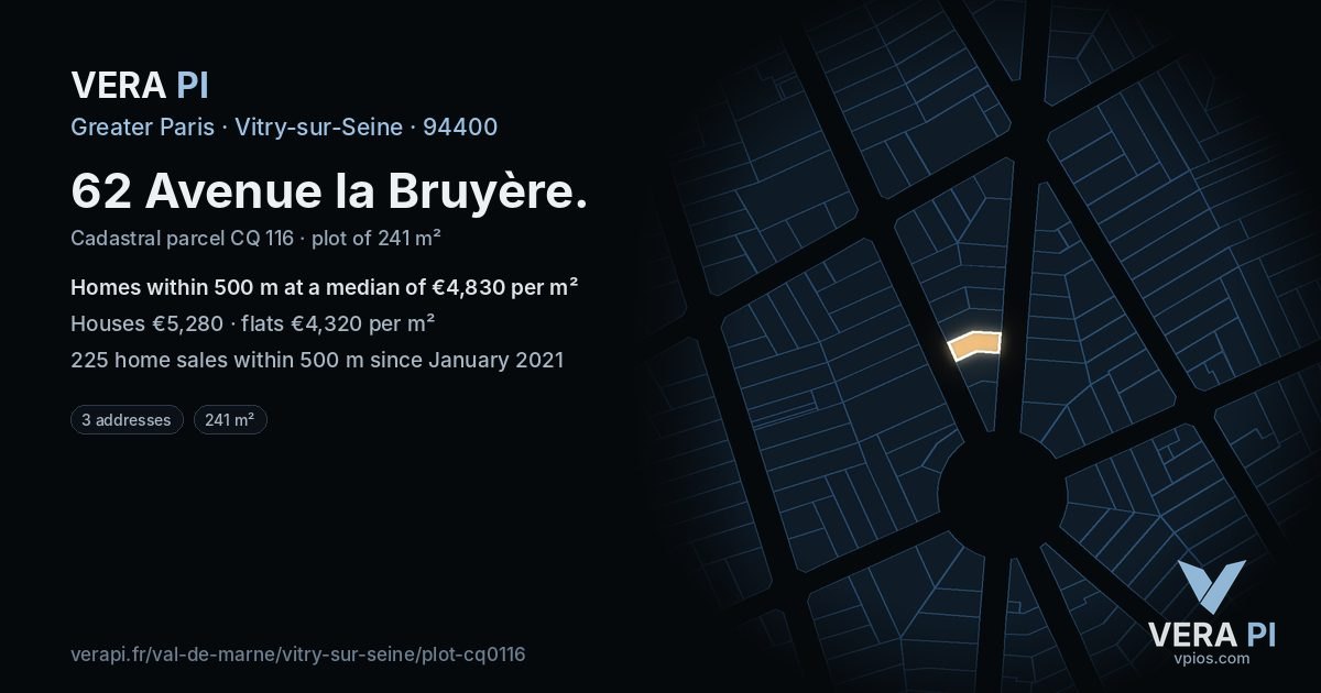 62 Avenue la Bruyère, Vitry-sur-Seine at night – the plot lit, the parcels around coloured by the prices near them
