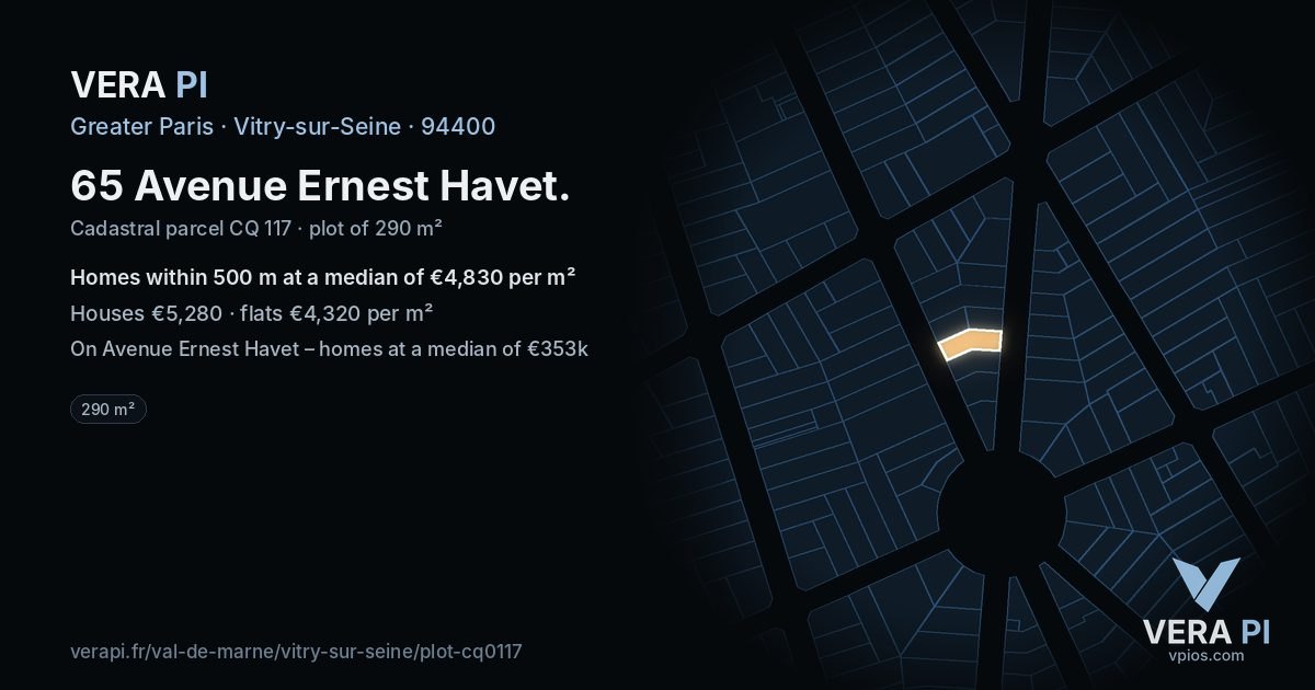 65 Avenue Ernest Havet, Vitry-sur-Seine at night – the plot lit, the parcels around coloured by the prices near them