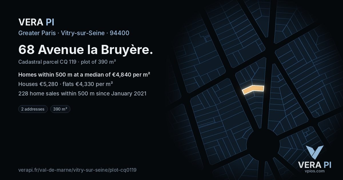 68 Avenue la Bruyère, Vitry-sur-Seine at night – the plot lit, the parcels around coloured by the prices near them