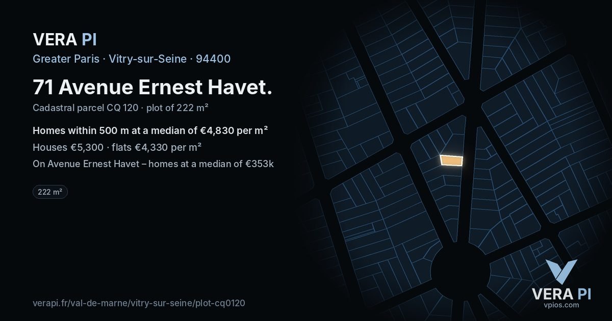 71 Avenue Ernest Havet, Vitry-sur-Seine at night – the plot lit, the parcels around coloured by the prices near them